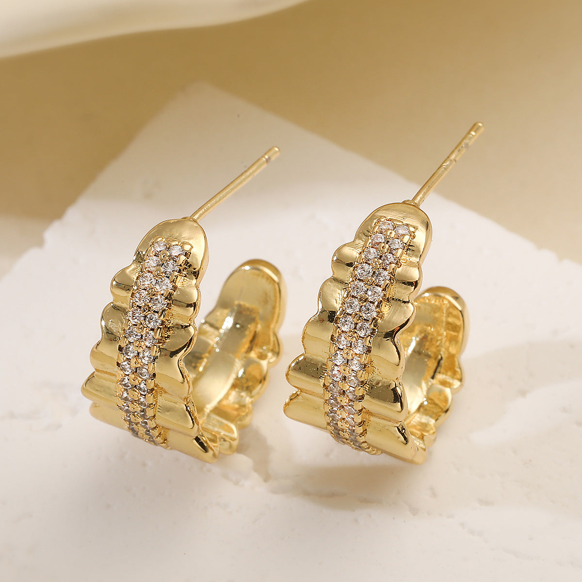 Minimalist 18K Gold Plated Brass Geometric Cubic Zirconia C-Shaped Earrings for Women