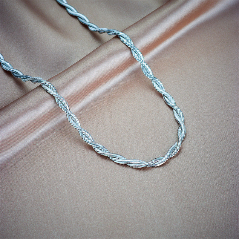 Minimalist Vintage Braided Twist Titanium Steel Collar Necklace and Bracelet Set for Women