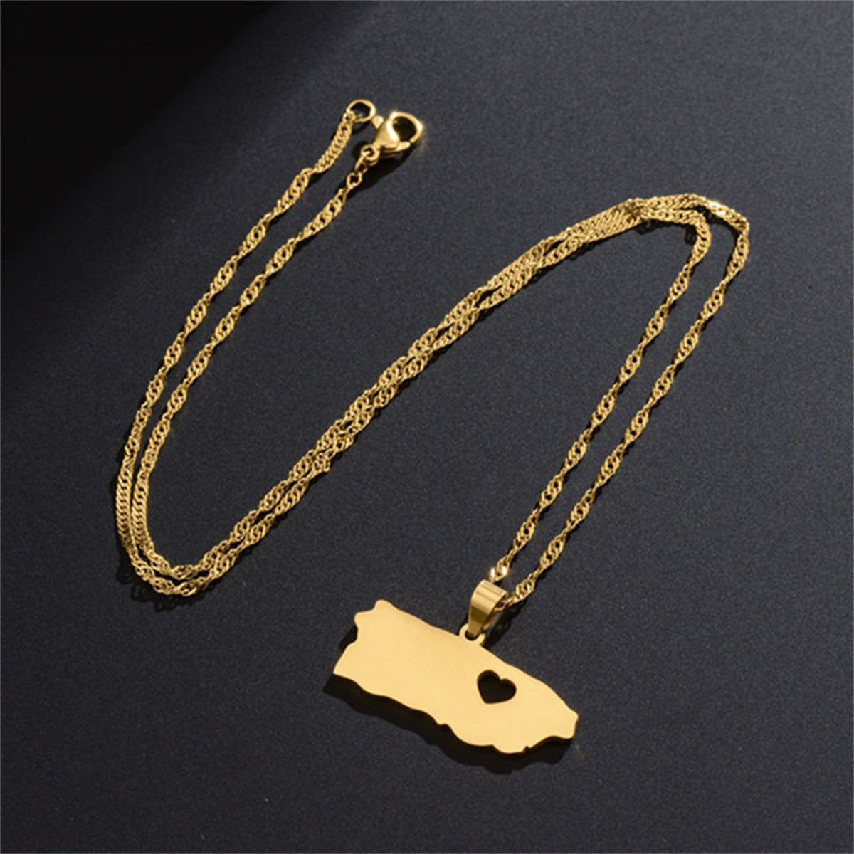 Minimalist Puerto Rico Heart Map Pendant Necklace in Stainless Steel with Titanium Steel Charm and Electroplated Finish