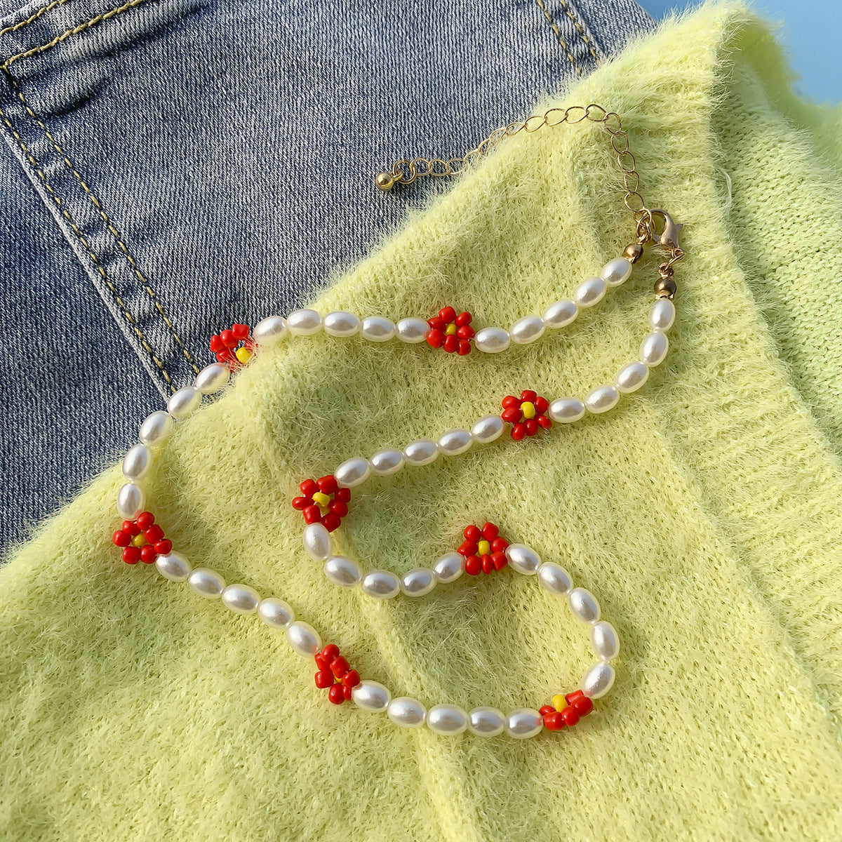 Bohemian Floral Letter Daisy Imitation Pearl Beaded Choker Necklace for Women