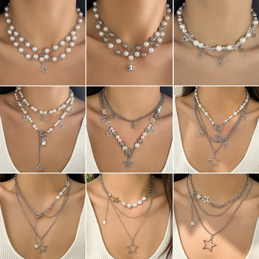 Gargantilla dulce y atrevida con colgante en forma de estrella, detalles de perlas de imitación y aleación galvanizada, con cuentas redondas para mujer