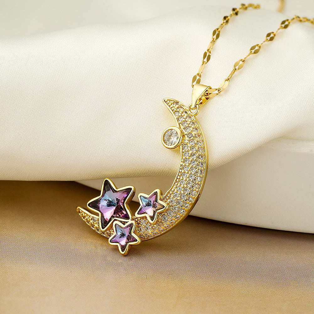 Collana Pendente Stella e Luna Minimalista da Donna in Rame con Placcatura in Oro Vero e Intarsio in Zircone