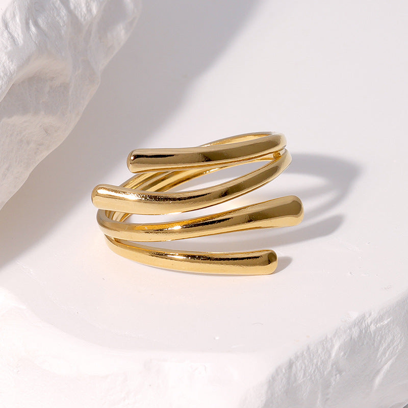 Minimalist Geometric Line Open-End Ring in Stainless Steel with Gold Plating for Women