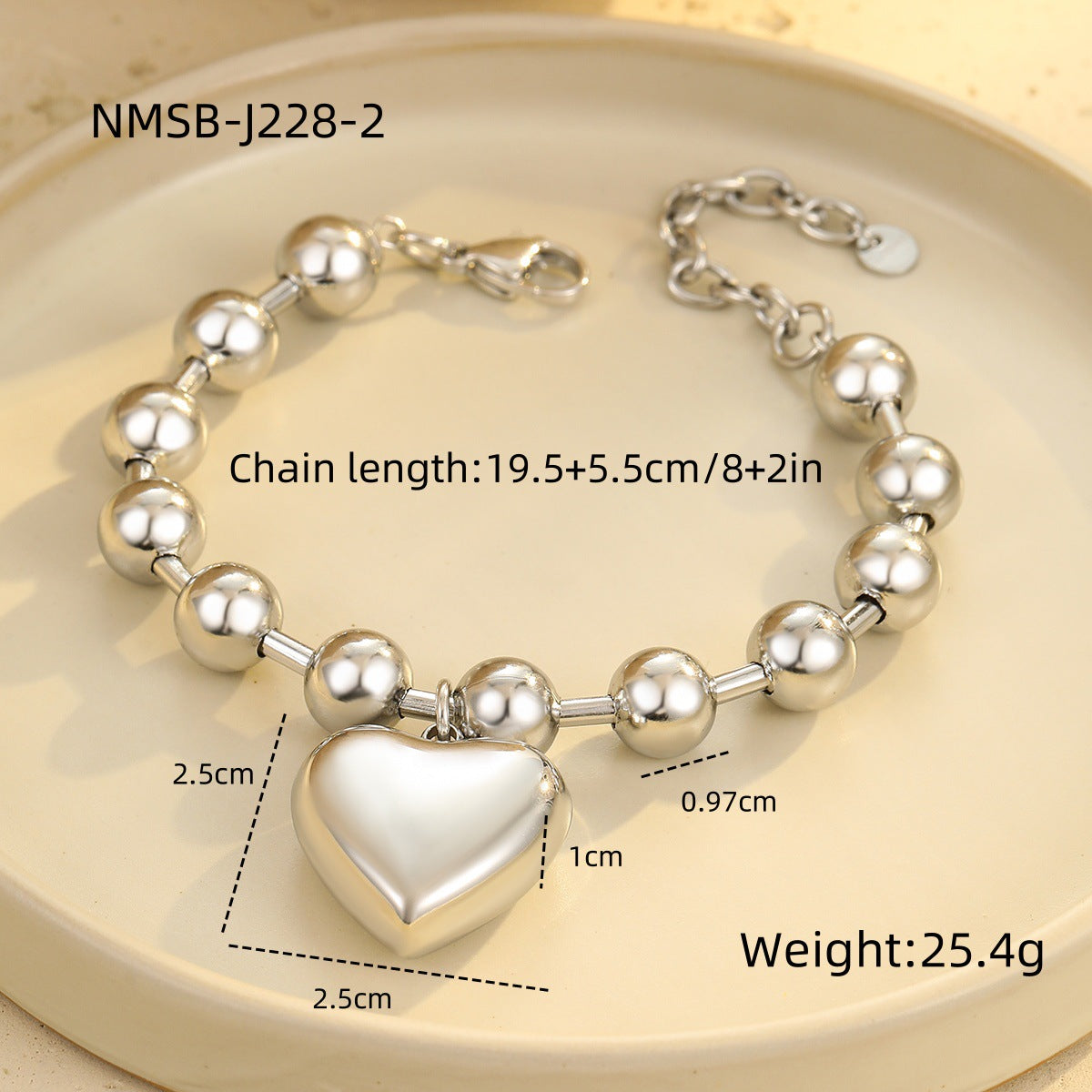 Pulsera con cuentas de acero inoxidable chapado en oro de 18 quilates con diseño de corazón minimalista de moda para mujer
