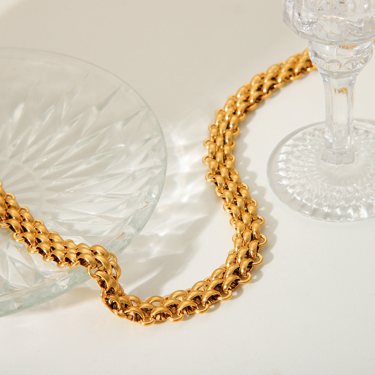 Geometric 18K Gold Plated Titanium Steel Hand-Woven Watch Chain Necklace for Women