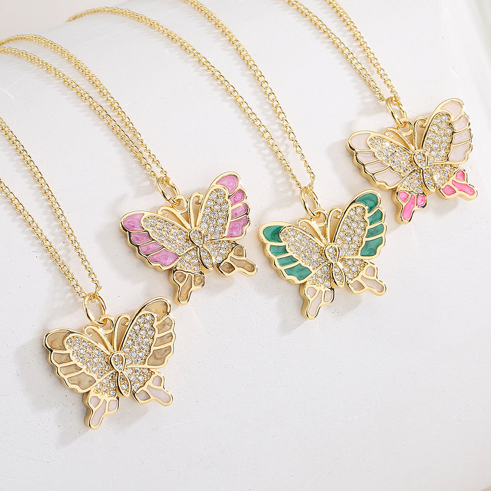 Minimalist Butterfly Pendant Necklace for Women in Copper with 18K Gold Plating and Enamel Finish Featuring Zircon Inlay