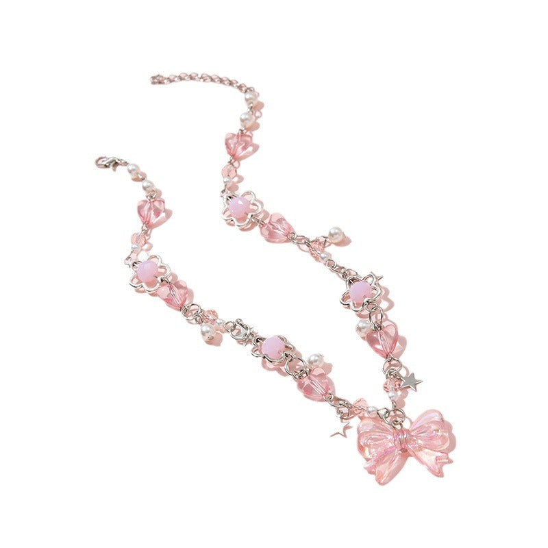 Collana con perline di vetro fatte a mano a forma di fiocco per bambine con ciondolo in lega, stile fresco e dolce
