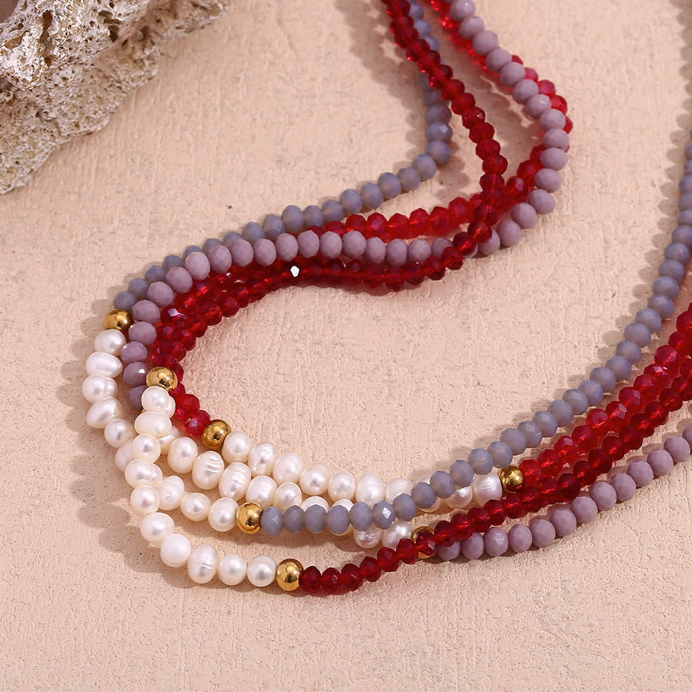 Collar con colgante geométrico de estilo vintage para mujer, cadena de acero inoxidable con diez perlas de agua dulce y cuentas de cristal facetado rojo