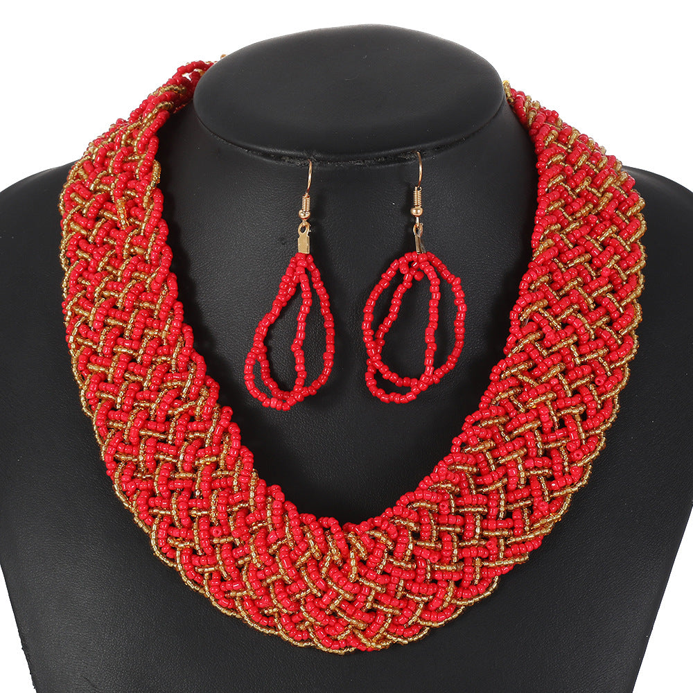 Bohemian Style Braided Rope Resin Necklace Set with Mesh Pattern and Hand-Strung Beads for Women