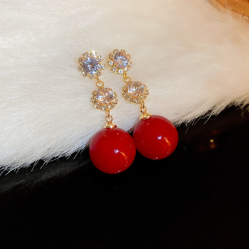 Elegant Geometric Dangle Stud Earrings for Women with Red Tassels, Alloy Base and Gold Plated Finish