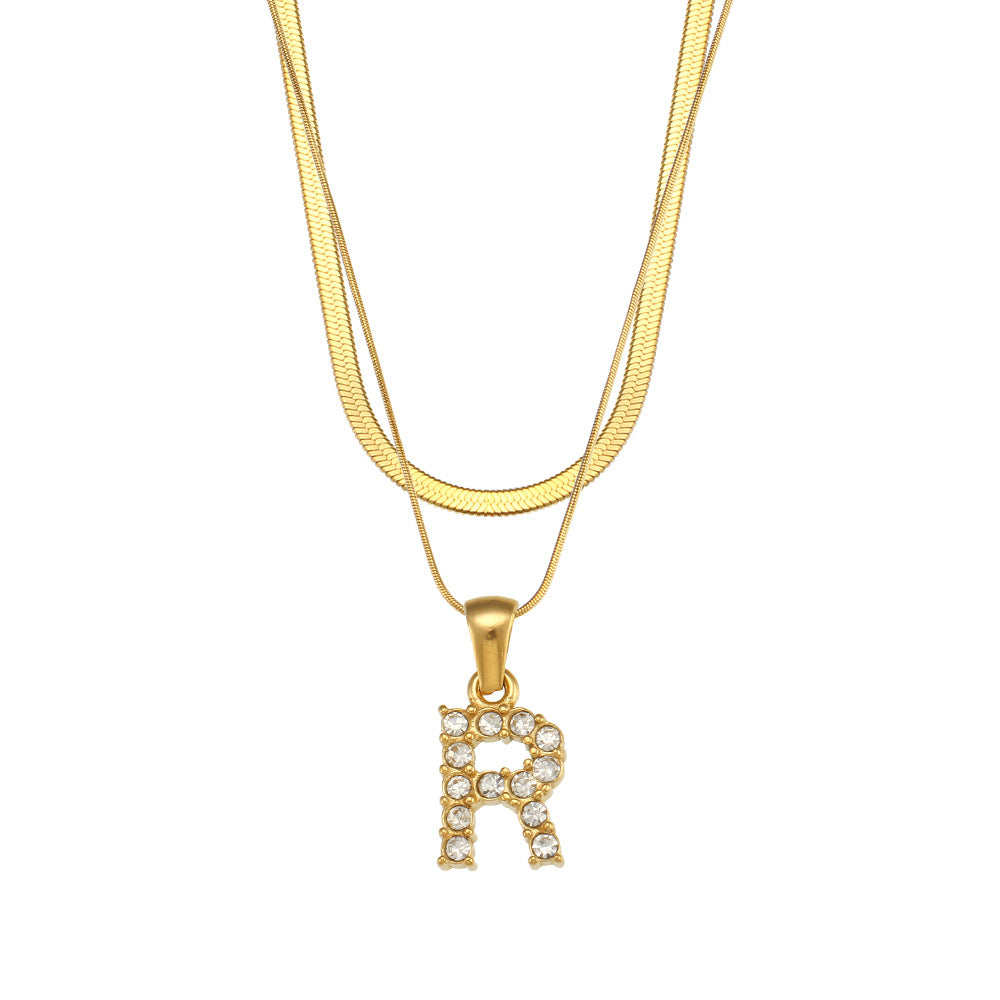 Fashionable Minimalist Letter Pendant Necklace in Stainless Steel with 18K Gold Plating and Cubic Zirconia on Double Snake Chain for Women