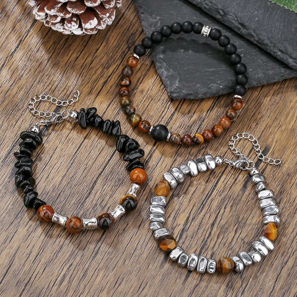 Bracciale elasticizzato con perline geometriche esagonali in ossidiana nera e occhio di tigre, da uomo e unisex, accessorio casual da lavoro e alla moda