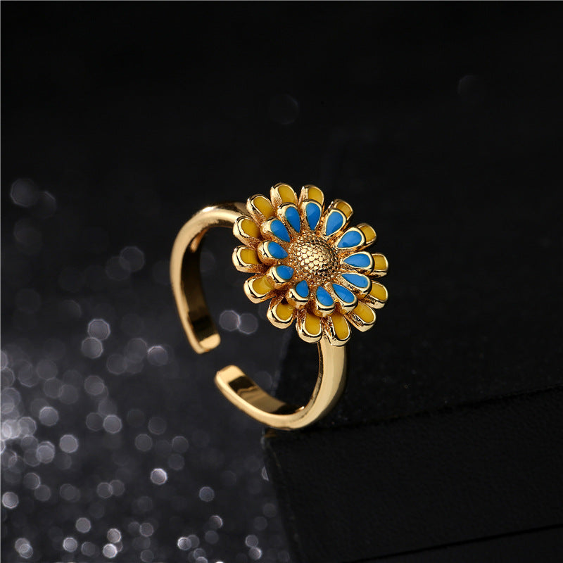 Fashion Geometric Floral Drip Oil Gold Plated Brass Sunflower Open Ring for Women