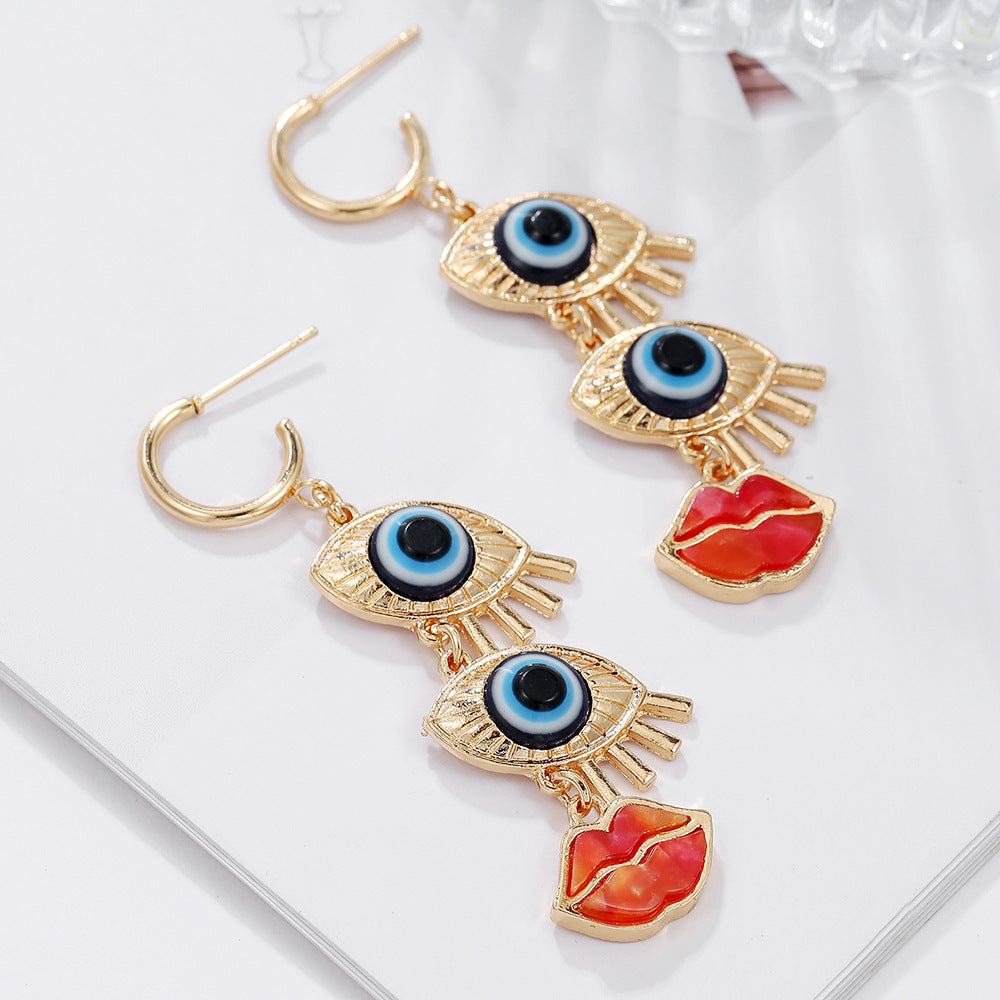 Geometric Round Drip Oil Alloy Earrings with Lips and Evil Eye Design