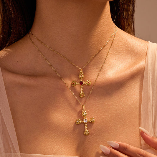 Collar con colgante de cruz de rosa de acero inoxidable chapado en oro de 18 quilates vintage para mujer
