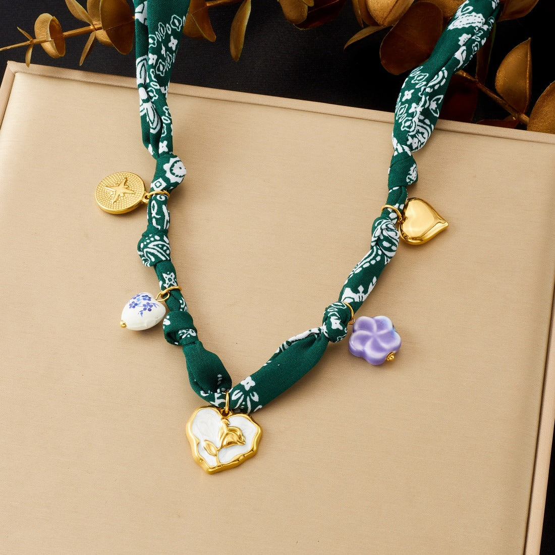 Bohemian Ethnic Vintage Gold Plated Drip Oil Floral Heart Stainless Steel Rope Chain Necklace for Women