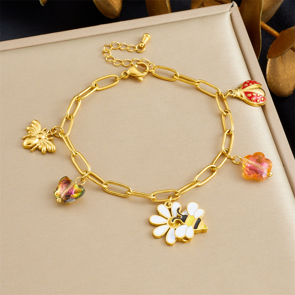Sweet Cartoon Drip Oil Plated Stainless Steel Animal Pendant Set with Floral Bee and Ladybug Design for Women