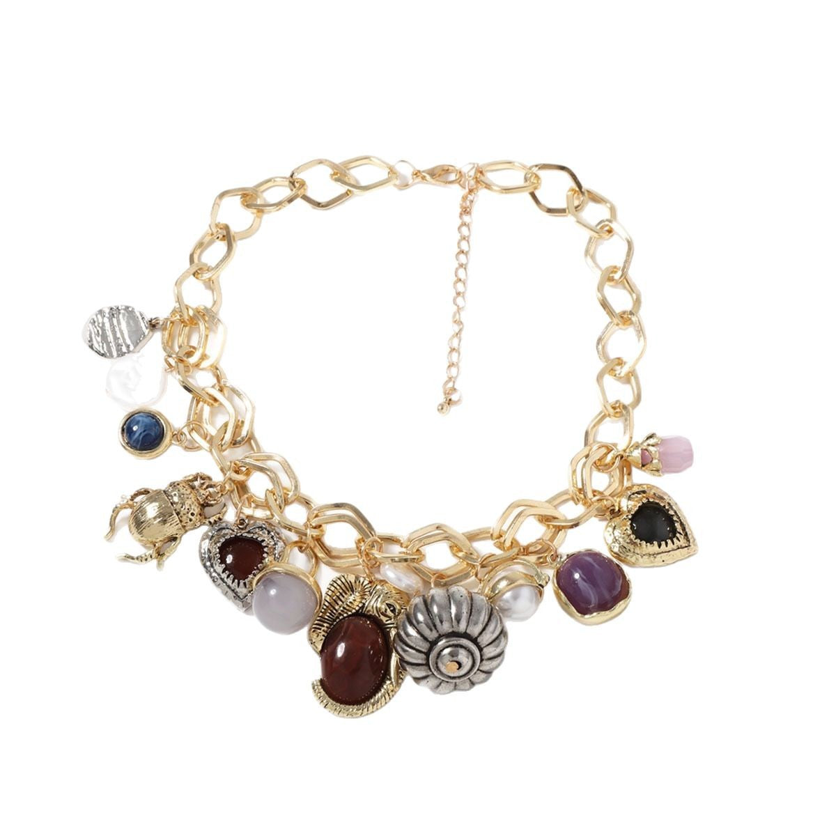 Collana da donna a catena con cavo placcato in lega con ciondolo a forma di cuore barocco vintage, coccinella e perla