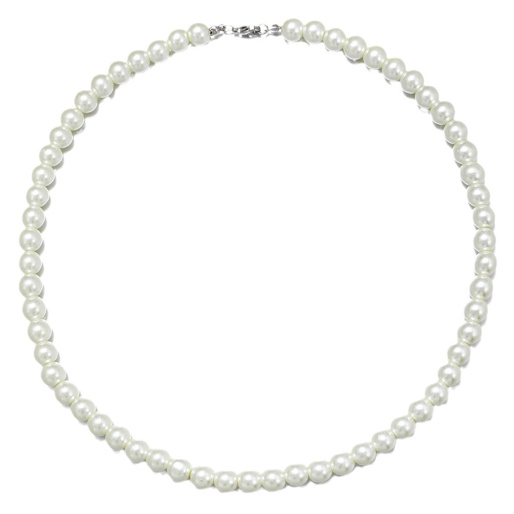 Men's Round Geometric Stainless Steel Pearl Necklace with Alloy Pendant on Cable Chain