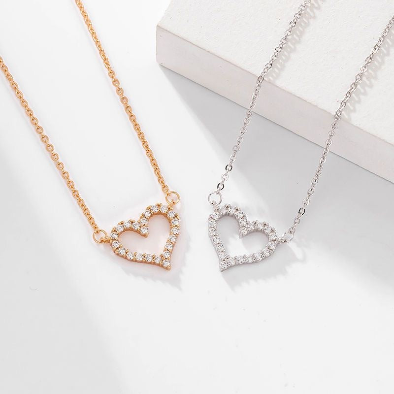 Minimalist Hollow Heart Pendant Necklace for Women Titanium Steel with Rhinestone Inlay Snake Chain Lightweight Delicate Clavicle Jewelry