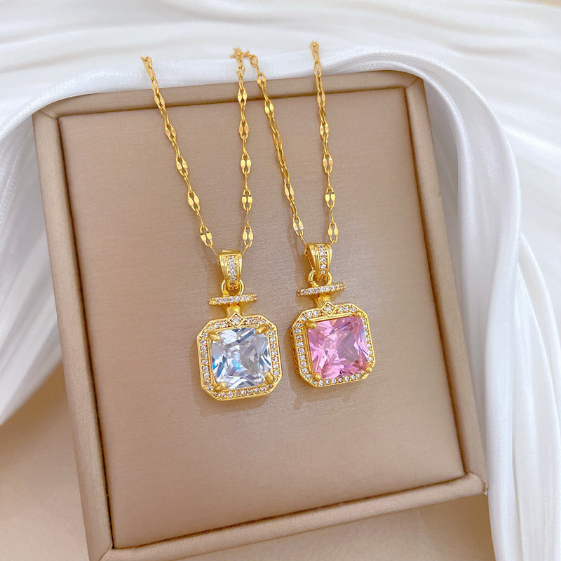 Sweet Geometric Moon Cubic Zirconia Inlay Titanium Steel Necklace with Brass Pendant for Unisex