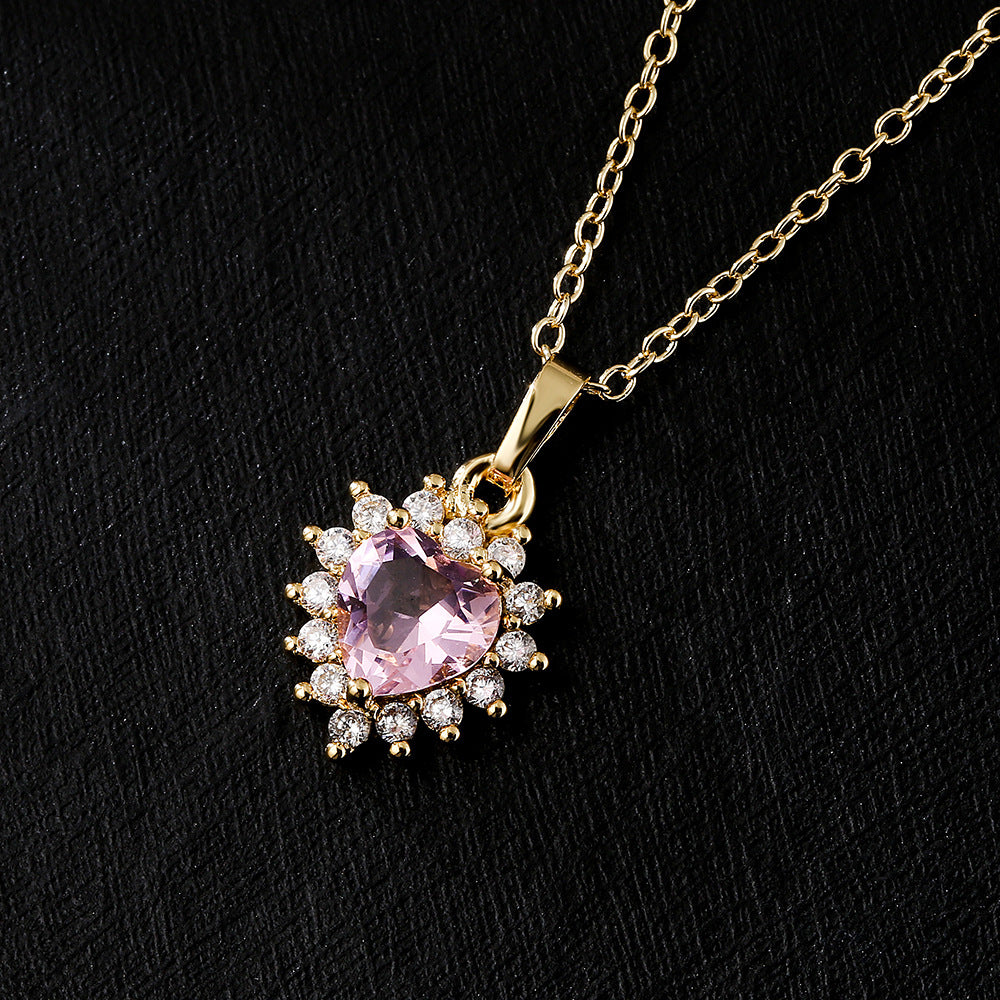 Luxury Geometric Heart Pendant Necklace 18K Gold Plated Copper Micro Paved Zircon Women