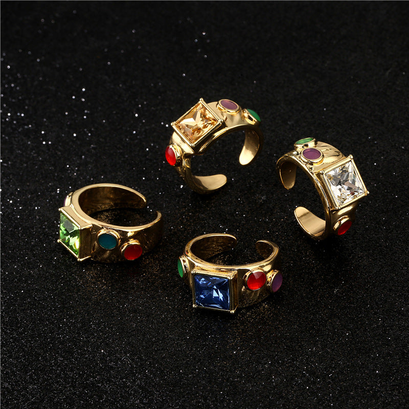 Bohemian Style Geometric Shaped Copper Ring with Micro-Pave Zirconia and 18K Gold Plating for Women