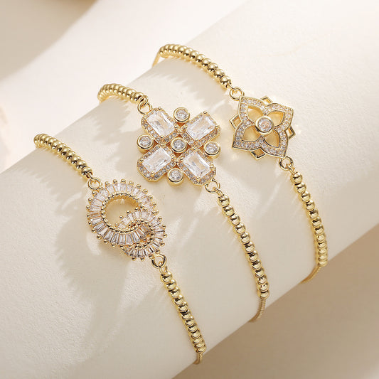 Minimalist Elegant 18K Gold Plated Brass Geometric Cubic Zirconia Beaded Bracelet for Women