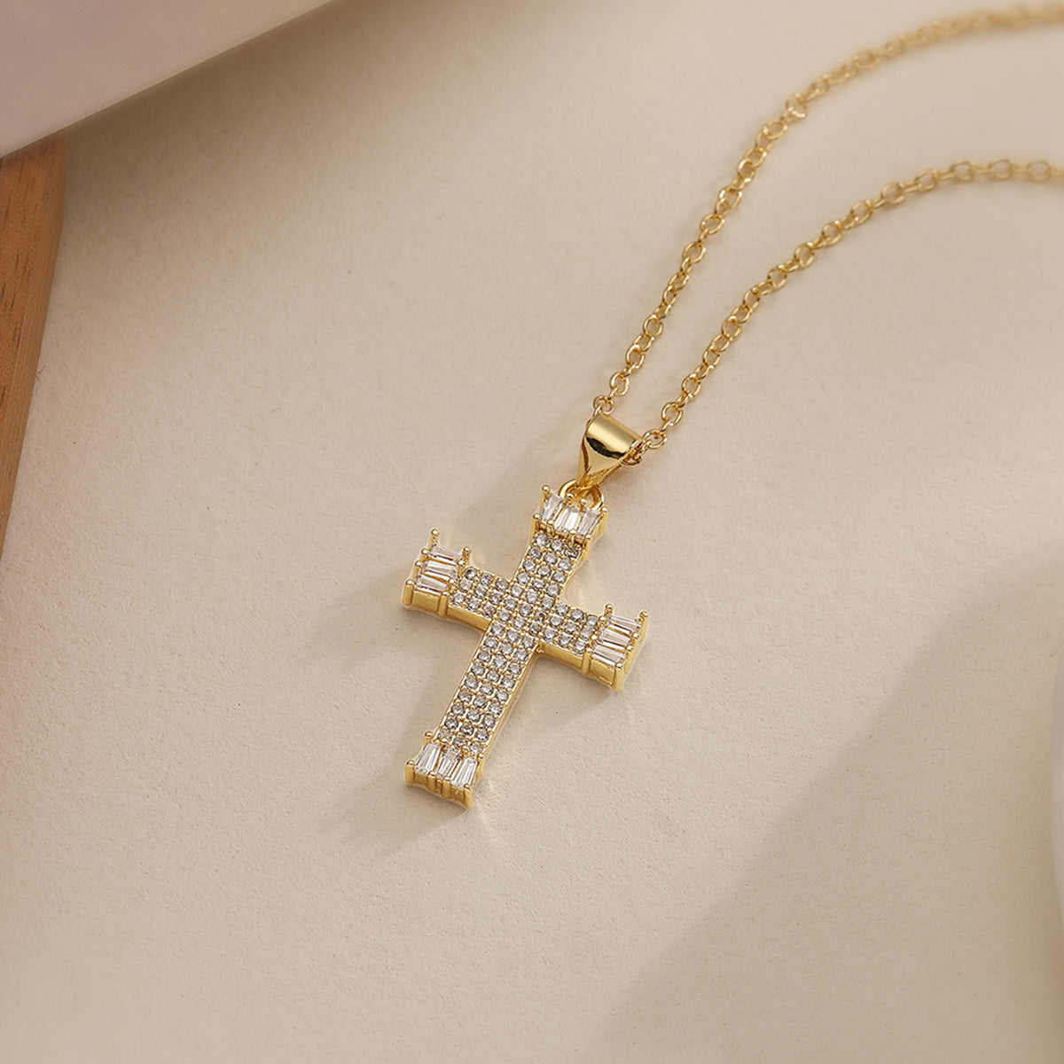 Minimalist Geometric Cross Pendant Necklace in Copper with 18K Gold Plating and Zircon Inlay for Women
