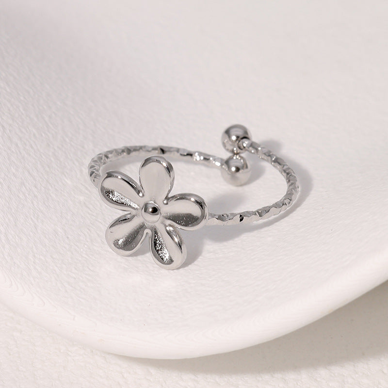 Anello Floreale Minimalista in Acciaio Inossidabile Placcato Oro, Fascia Aperta Regolabile per Donna