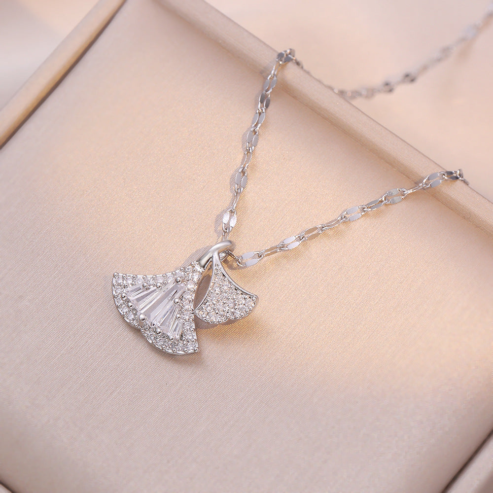 Minimalist Ginkgo Leaf Pendant Necklace for Women in Titanium Steel with Rhinestone Inlay and Plated Finish