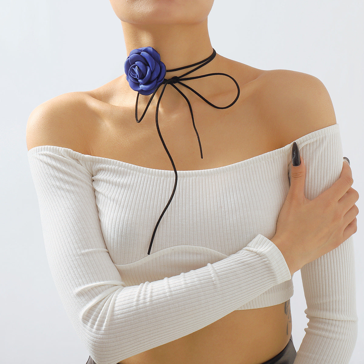 Gargantilla geométrica de tela con flor, dulce y atrevida, con cordón encerado para mujer