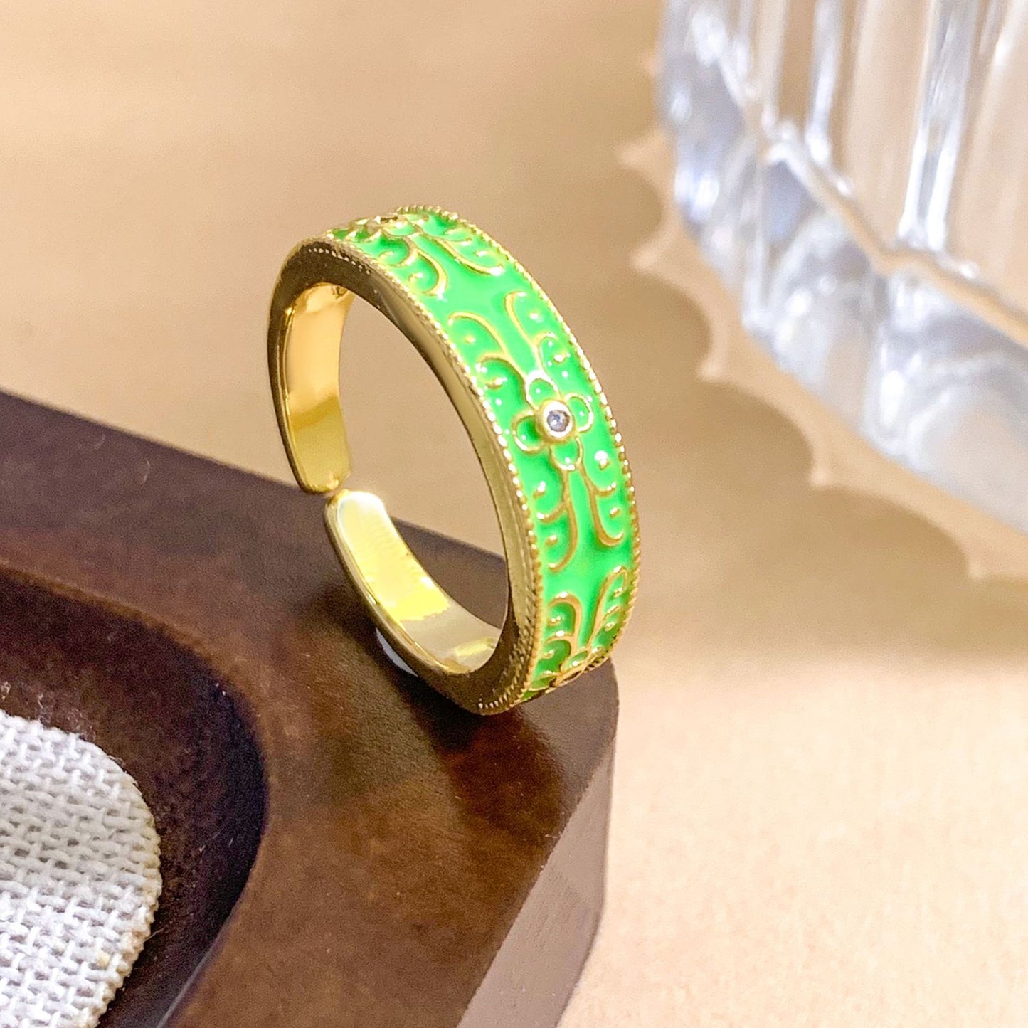 Vintage Sweet Gold Plated Brass Ring with Ethnic Patterns for Women