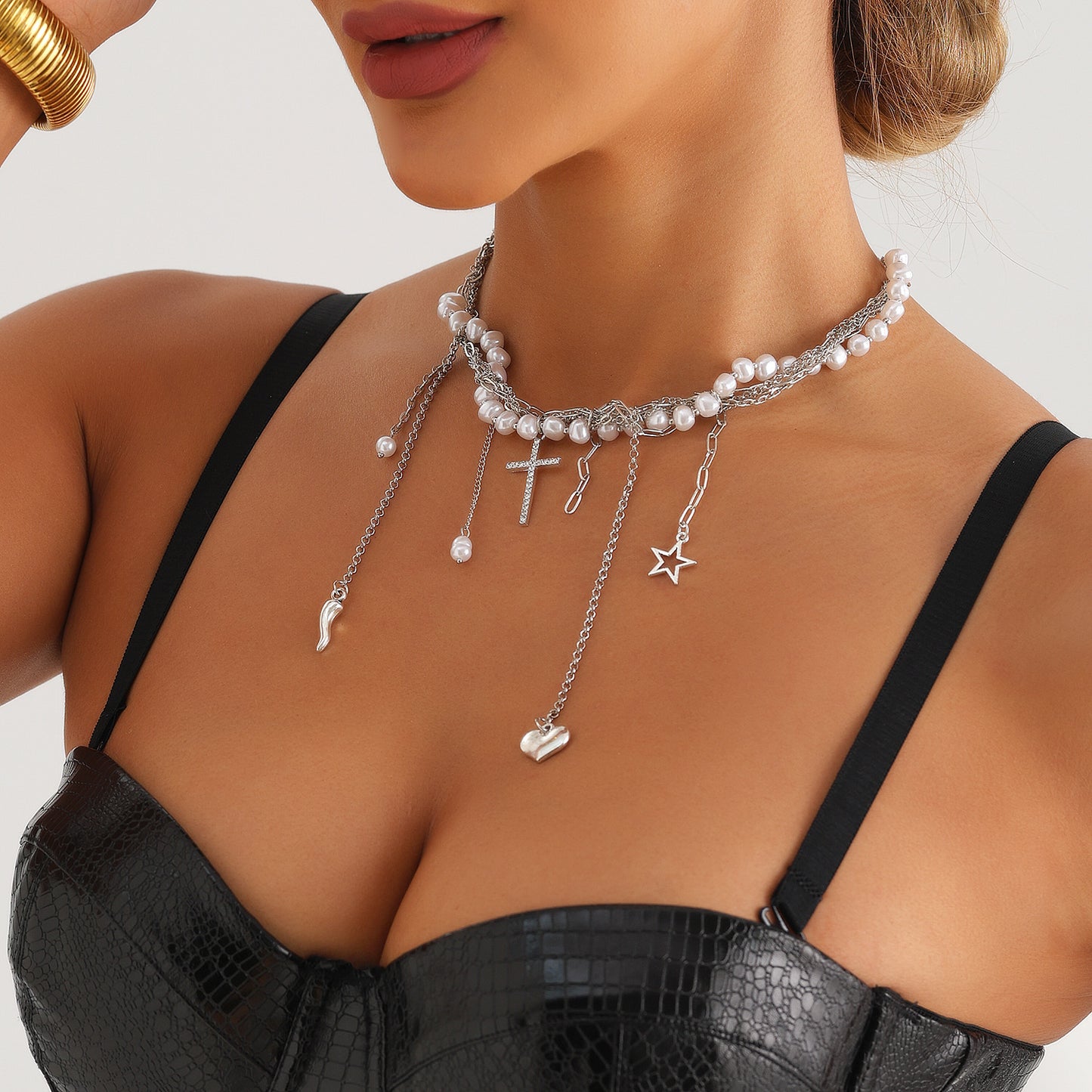 Minimalist Geometric Star Cross Pendant Necklace with Plated Alloy and Tassel Detail for Women