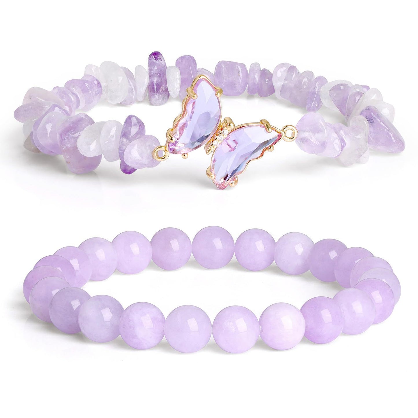 Minimalist Natural Amethyst and White Cat's Eye Crystal Chip Beaded Bracelet with Butterfly Charm for Women