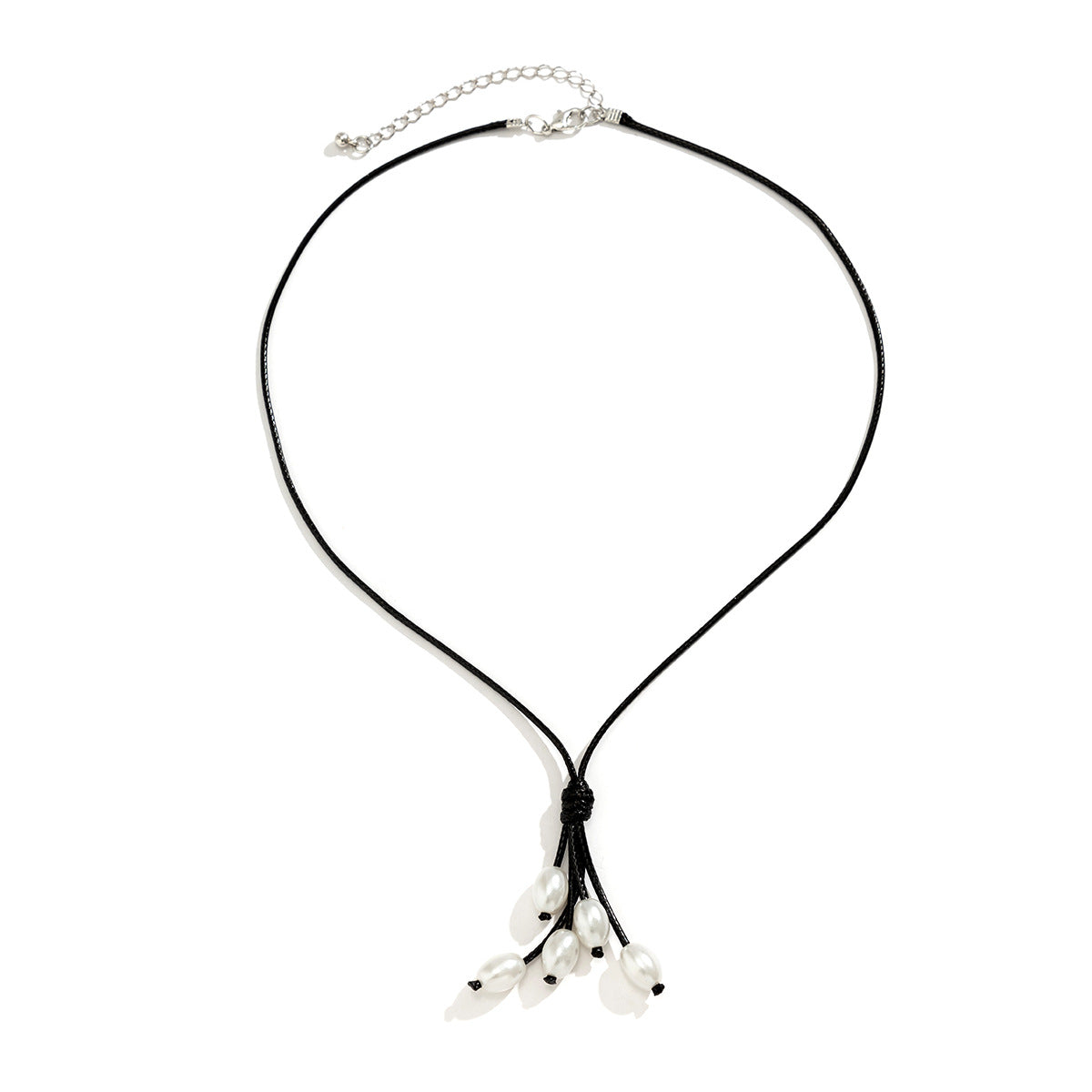 Minimalist Geometric Pendant Necklace for Women with Resin Imitation Pearl Beads and Tassel Detail on Waxed Cord Chain