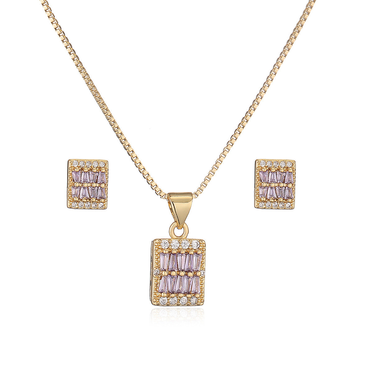 Minimalist Square Pendant Necklace and Earrings Set in Copper with 18K Gold Plating and Zircon Inlay