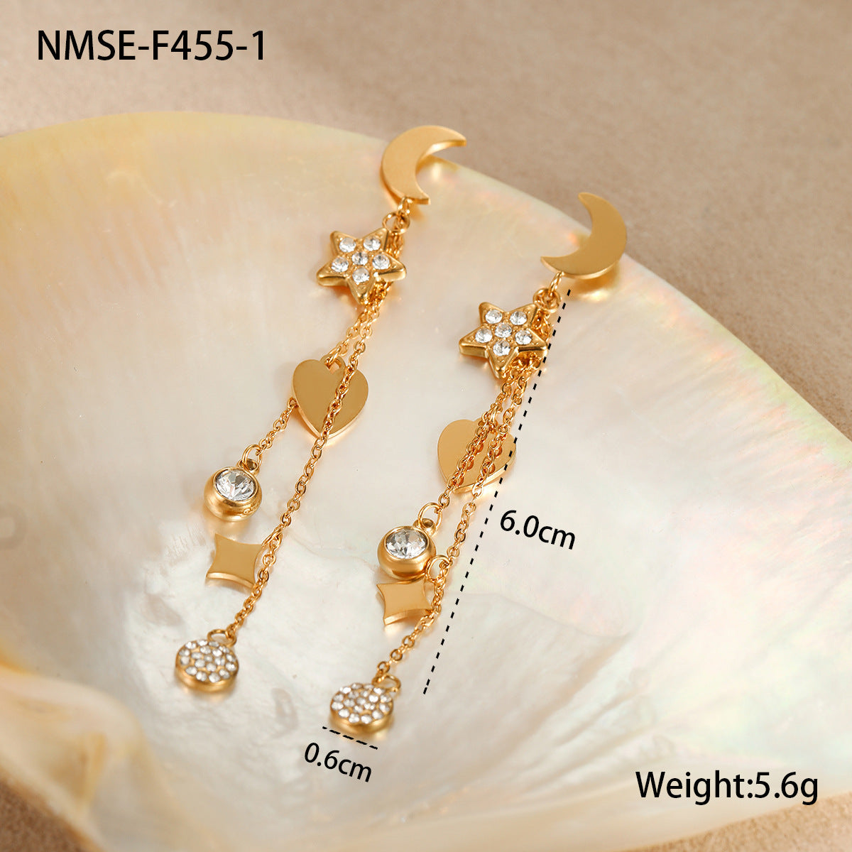 Pendientes geométricos de borla de estrella y luna de acero inoxidable chapados en oro de 18 quilates OL para mujer
