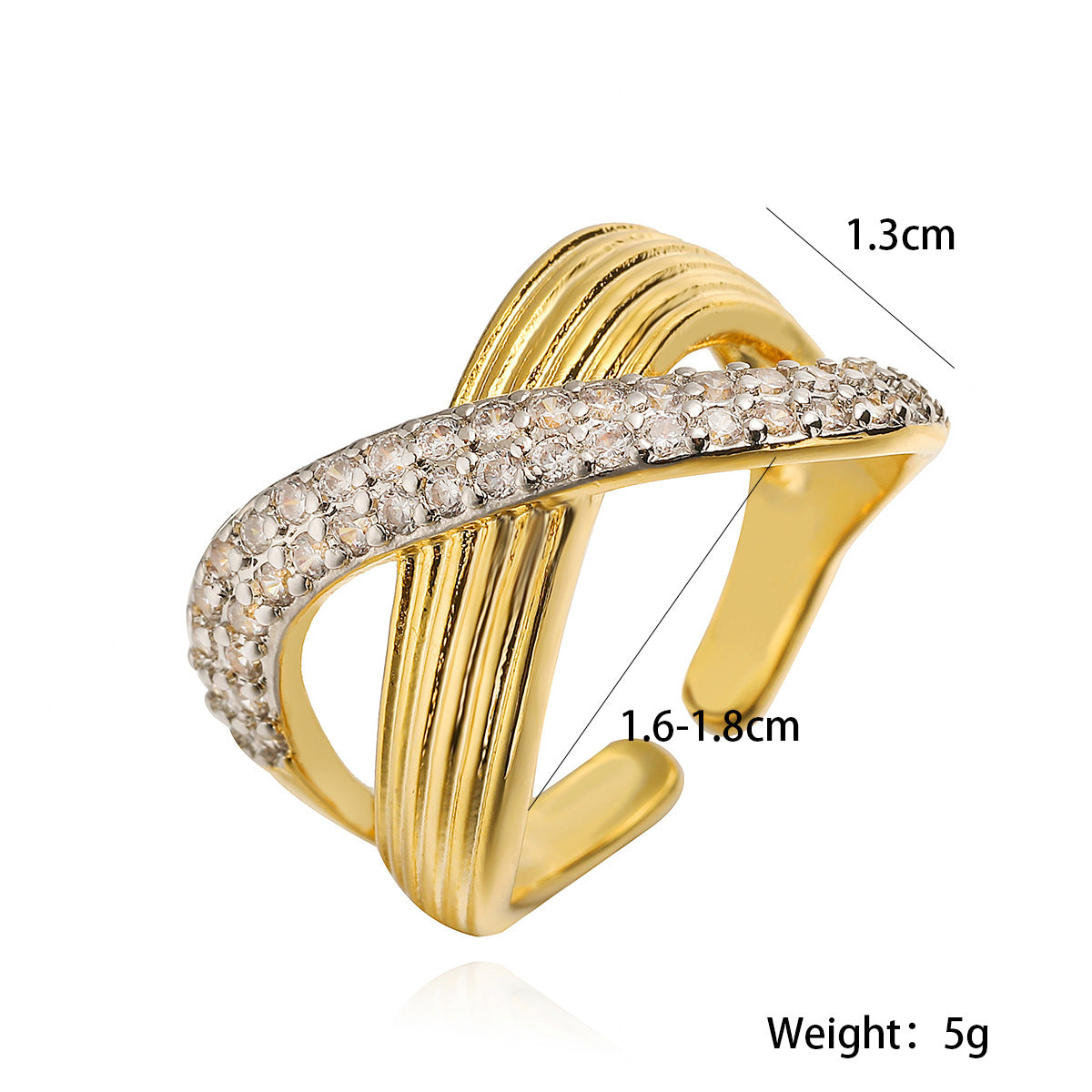 Anello aperto geometrico bicolore minimalista da donna con intarsio in zircone e base in rame