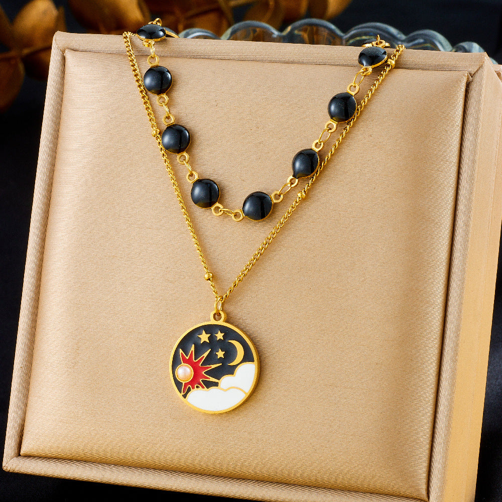 Fashion Black Drip Oil Heart Moon Round Stainless Steel Plated Double Layer Necklace for Women