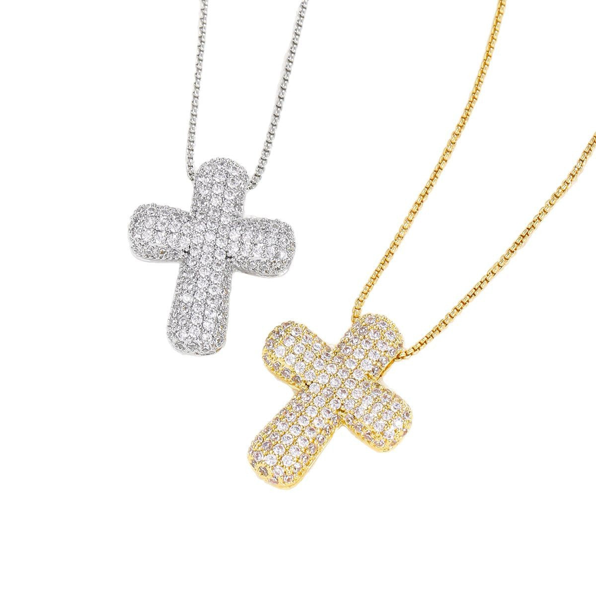 Elegante Ciondolo a Croce in Ottone con Zirconi Incastonati, Collana con Catena a Scatola Unisex