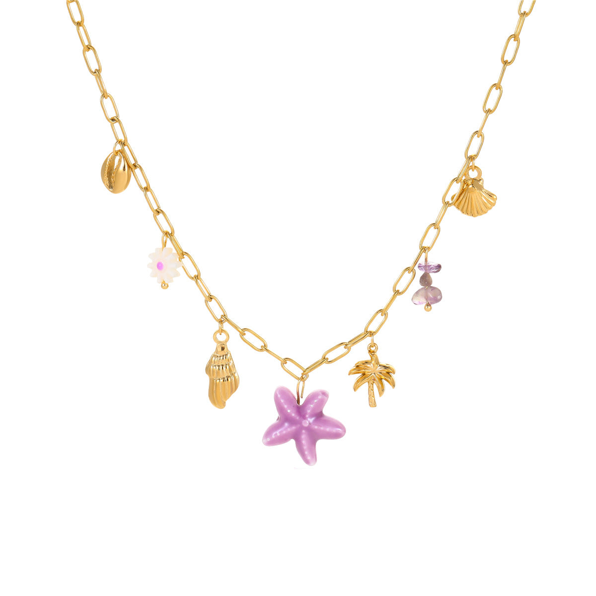 Collana da donna alla moda a tema oceano, con conchiglie e stelle marine, in acciaio al titanio placcato oro 18 carati