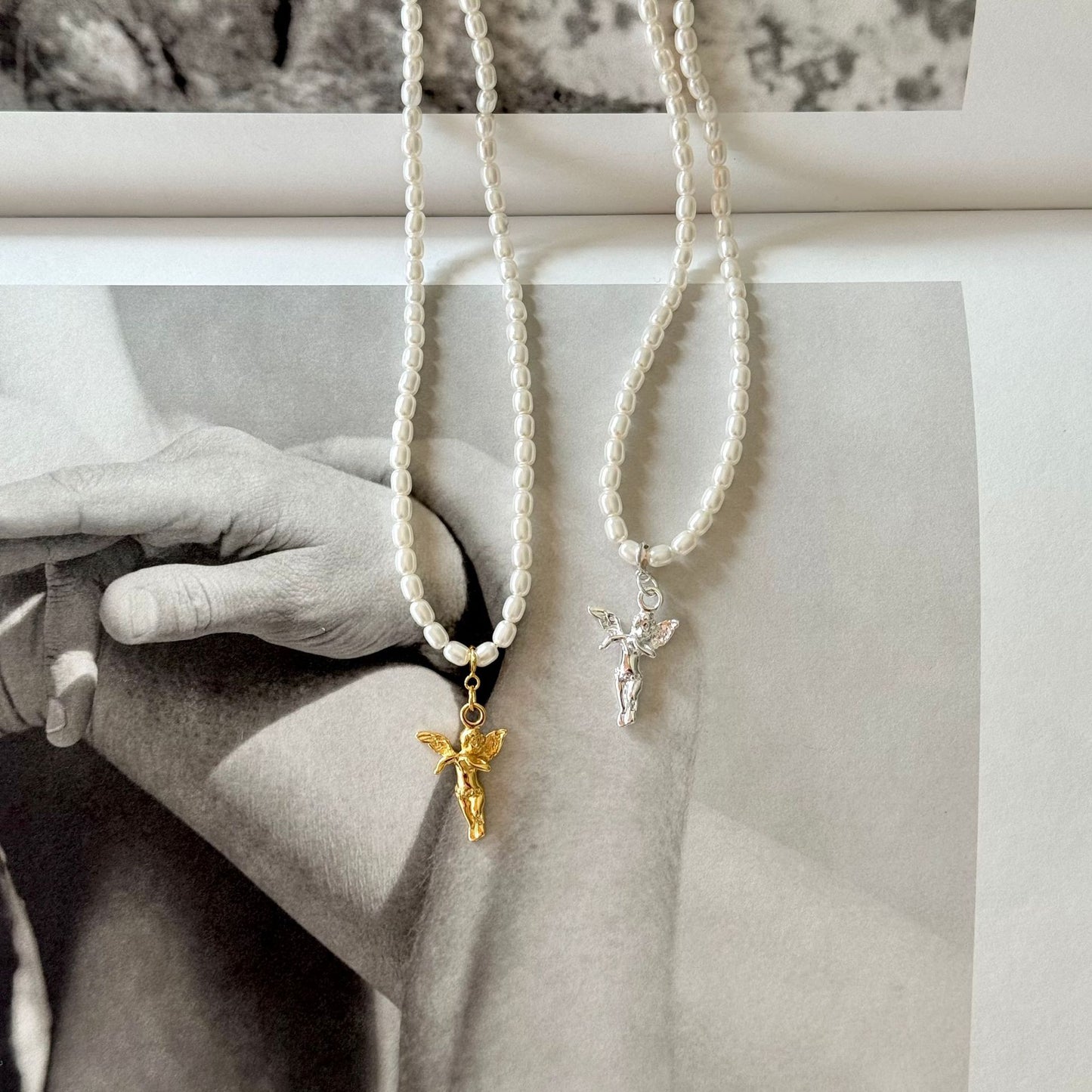 Minimalist French Style Angel Pendant Necklace for Women in 925 Sterling Silver with Cubic Zirconia and Artificial Pearl on Snake Chain