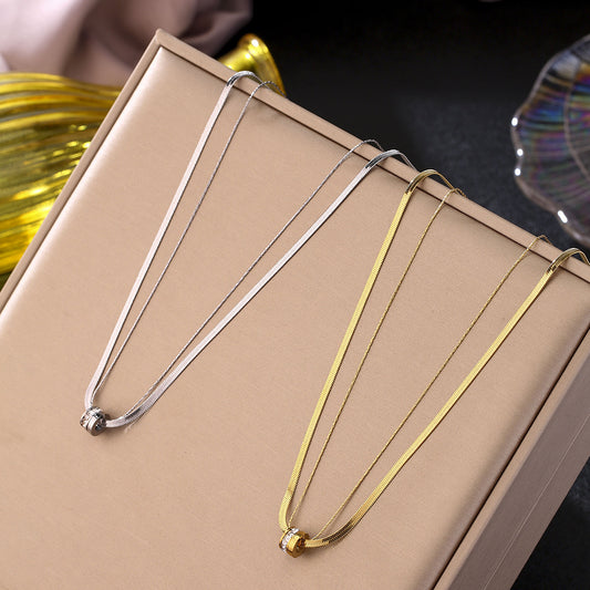 Minimalist Geometric Titanium Steel Plated Double Layer Necklace with Snake Chain for Women