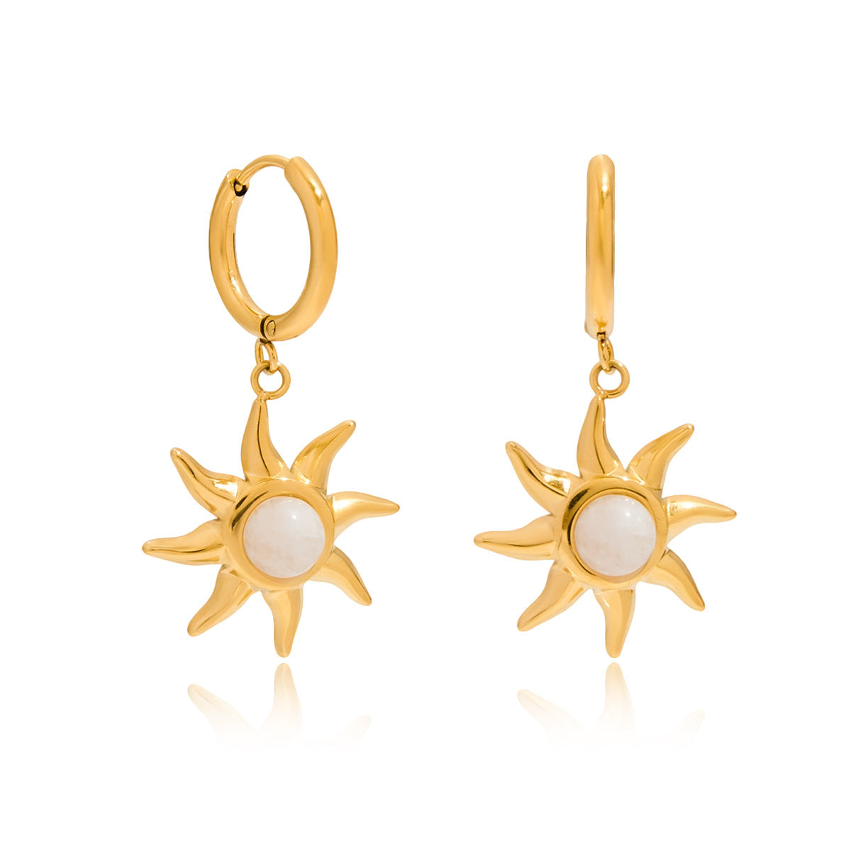 Orecchini a Cerchio Minimalisti Geometrici con Pietra di Luna in Acciaio al Titanio da Donna con Finitura Placcata e Motivo Solare