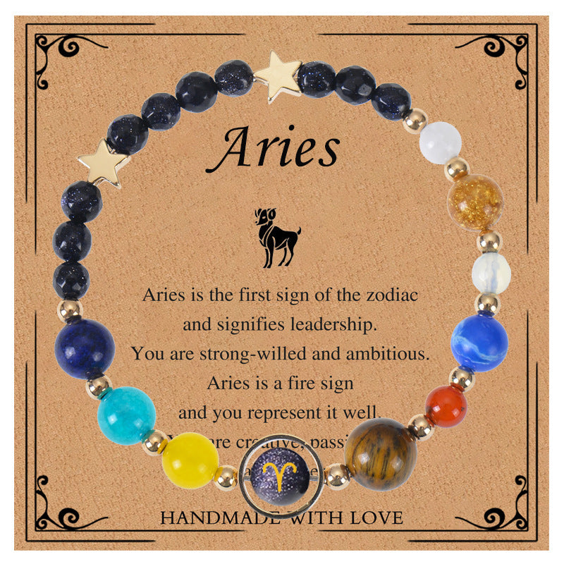 Elegant Geometric Natural Stone Obsidian Crystal Blue Sandstone Bracelet Unisex Zodiac Galaxy Universe Star Beaded Bracelet