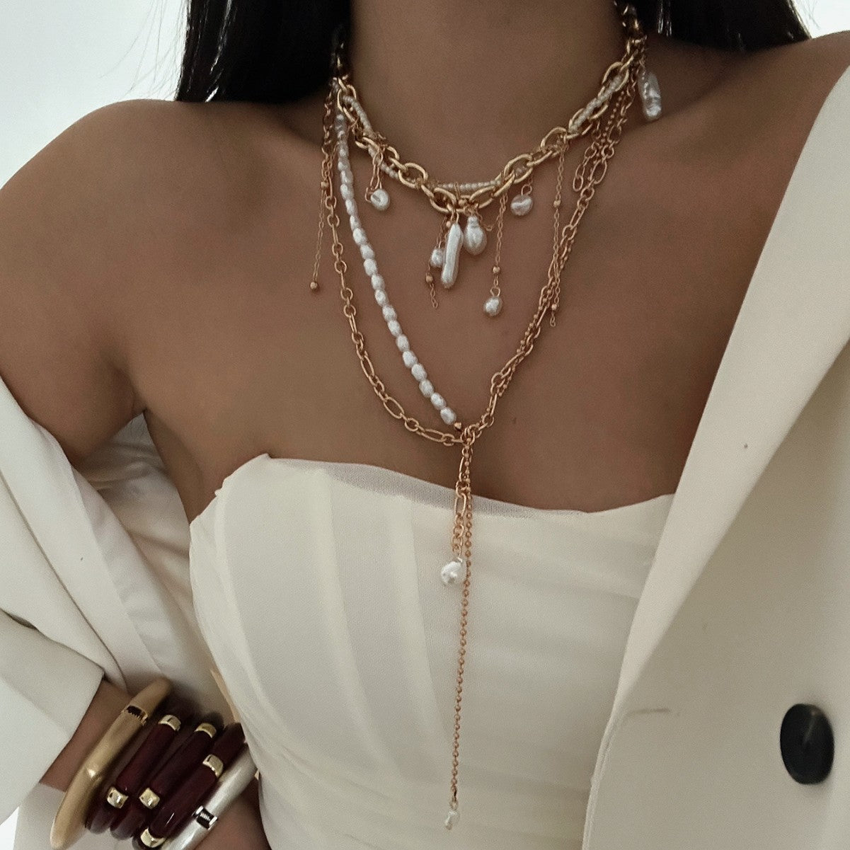 Luxury Casual Asymmetric Teardrop Alloy Plated Y-Necklace with Baroque Pearl and Tassel for Women
