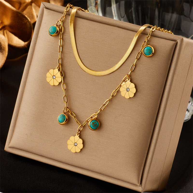 Vintage Luxury Gold Plated Heart Butterfly Round Stainless Steel Necklace with Pearl Multi-Layer