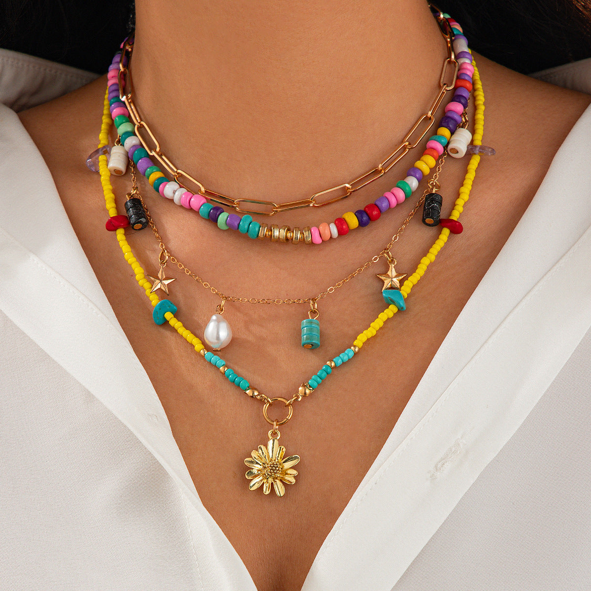 Streetwear Geometric Alloy Plated Tassel Pendant Multi-layer Necklace for Women