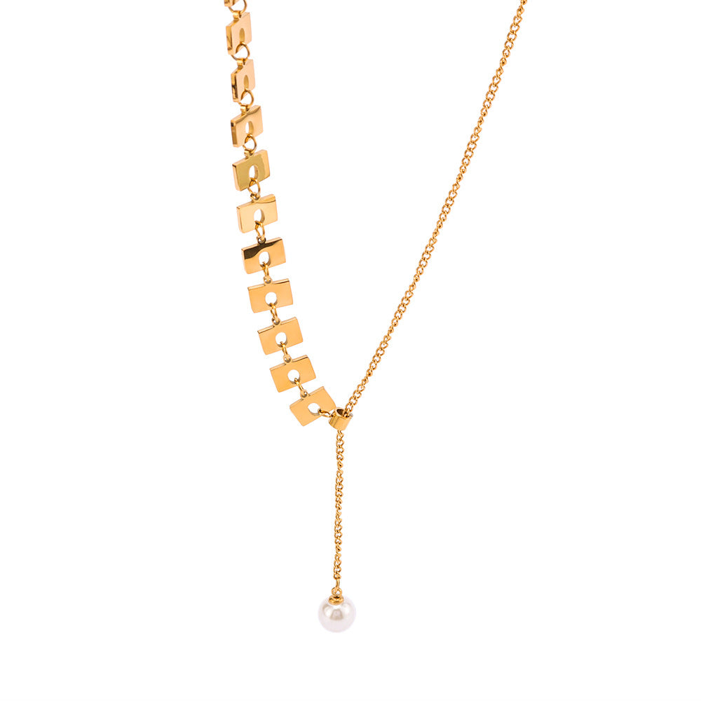 Collana con Ciondolo a Perla Asimmetrica Cava Geometrica Minimalista in Acciaio al Titanio Placcato Oro 18K su Catena O